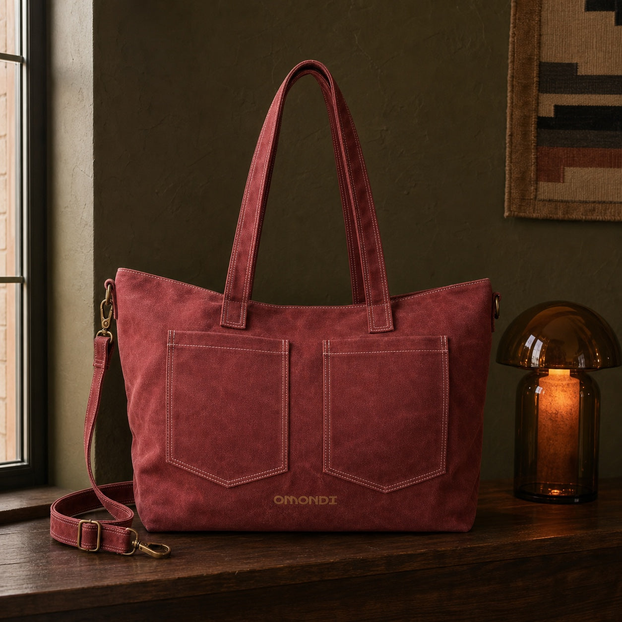 OMONDI oxblood washed canvas tote styled in a warm modern interior