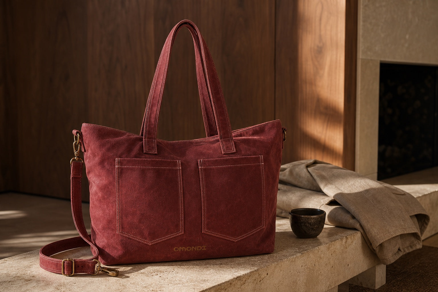 Oxblood washed-canvas tote staged on a travertine bench in a warm modern interior